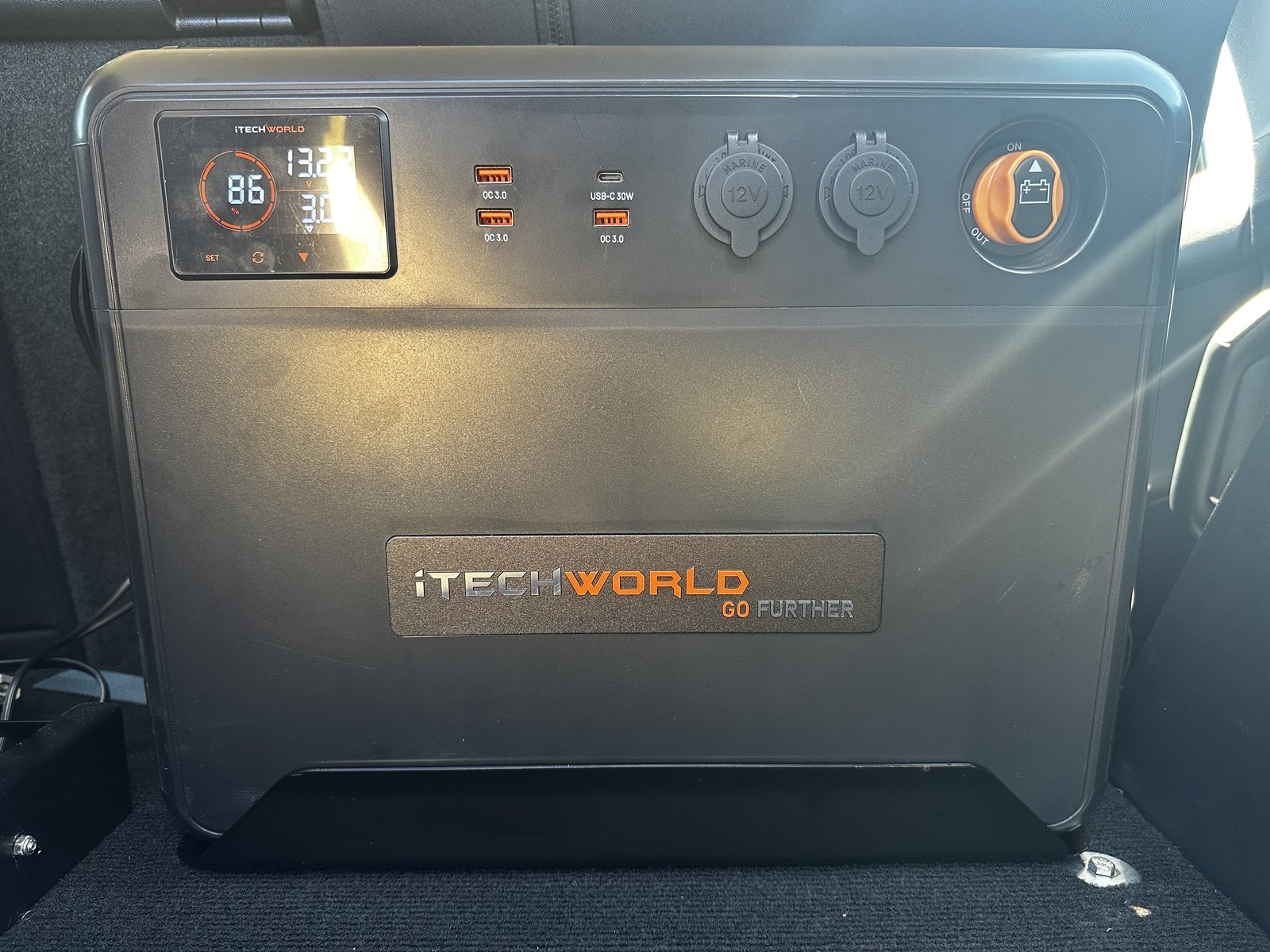 Vehicle and Camping Gear iTechWorld GoFurther battery box installed in the rear of the Prado, display reads 86 percent charge