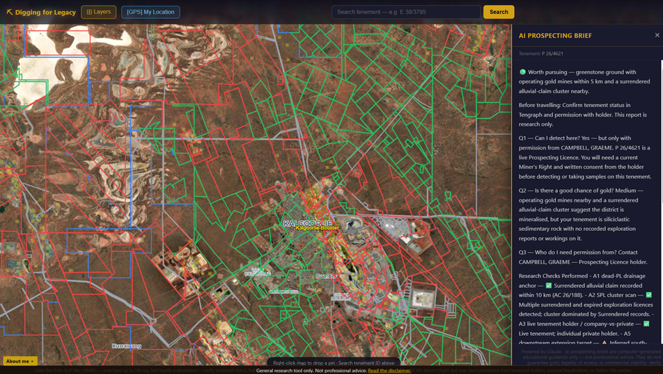 The AI prospecting brief on the Digging for Legacy map app over Kalgoorlie