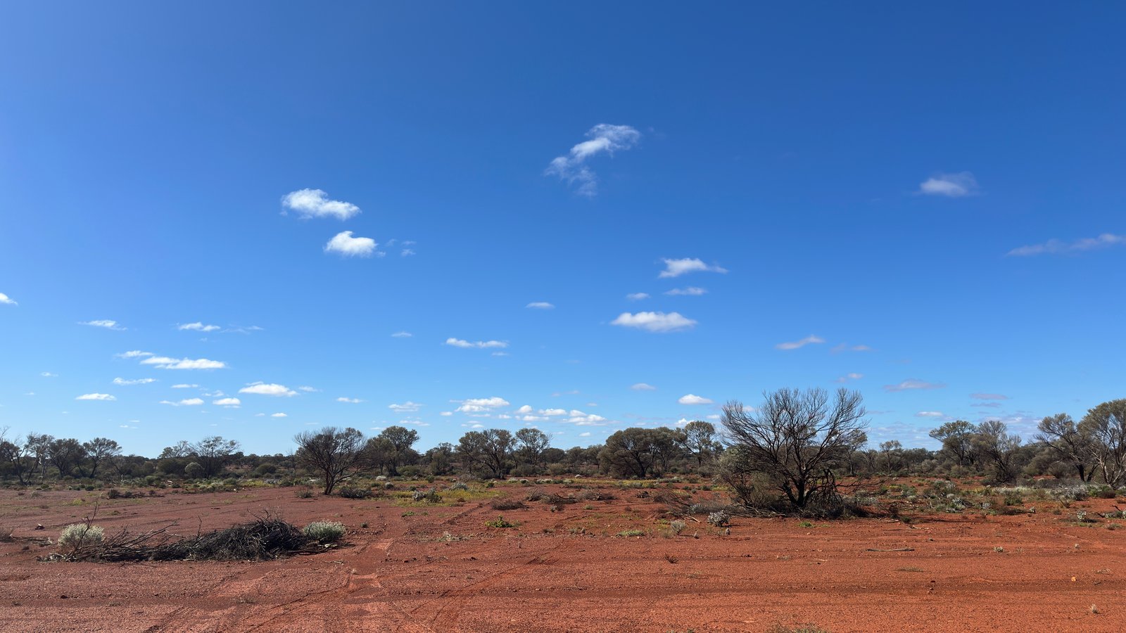 Flat red ground and low scrub under a big blue sky with a few clouds.