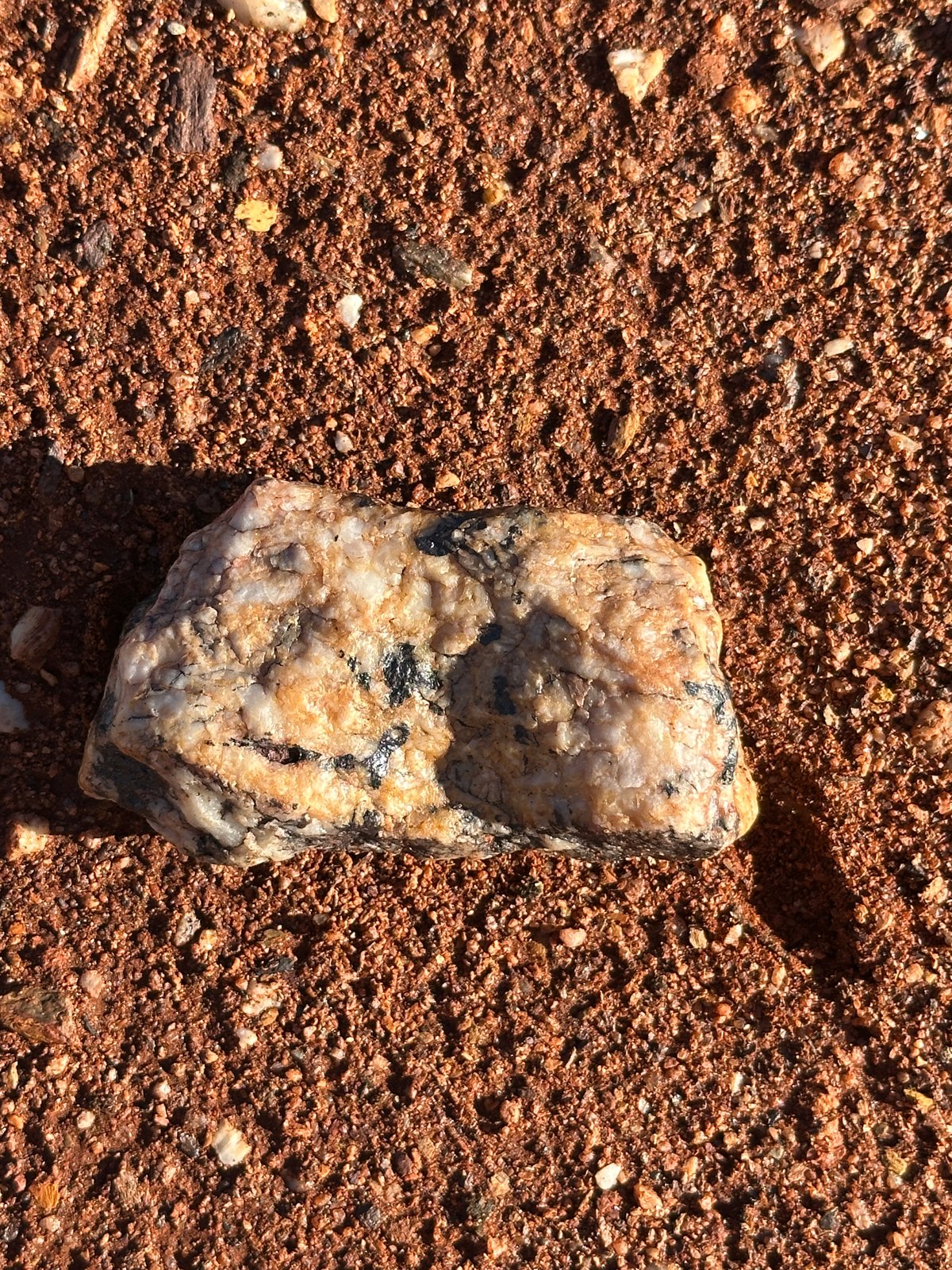 Did I Mention the Junk? A piece of white quartz with black streaks lying on red gravel.